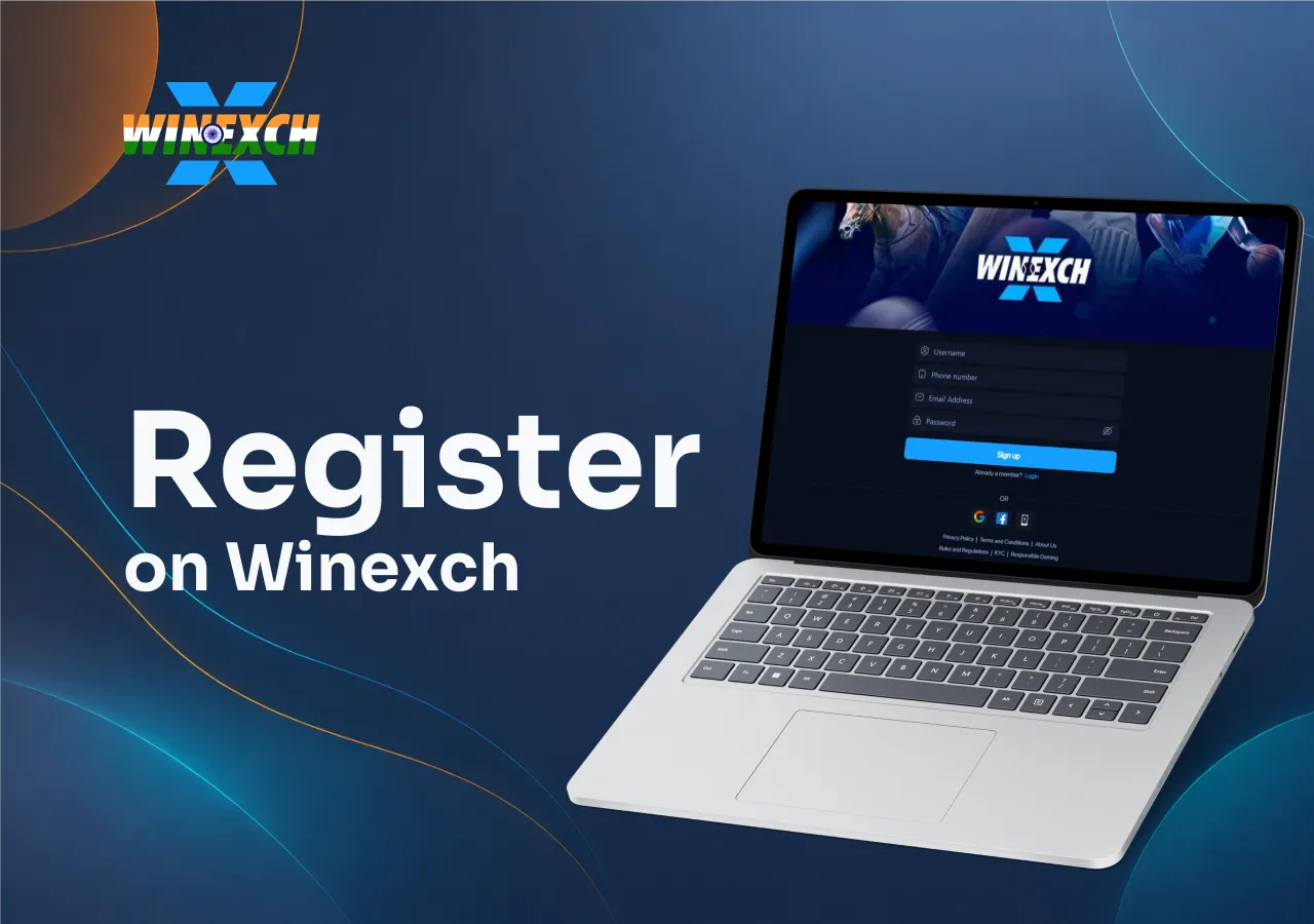 Winexch Laptop showing the registration form with username, phone, email, and password fields.