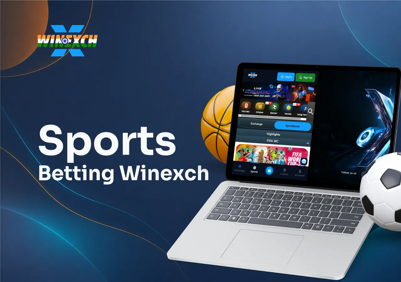 Winexch Laptop displaying sports betting markets including FIFA, cricket, soccer, and tennis with sports balls.