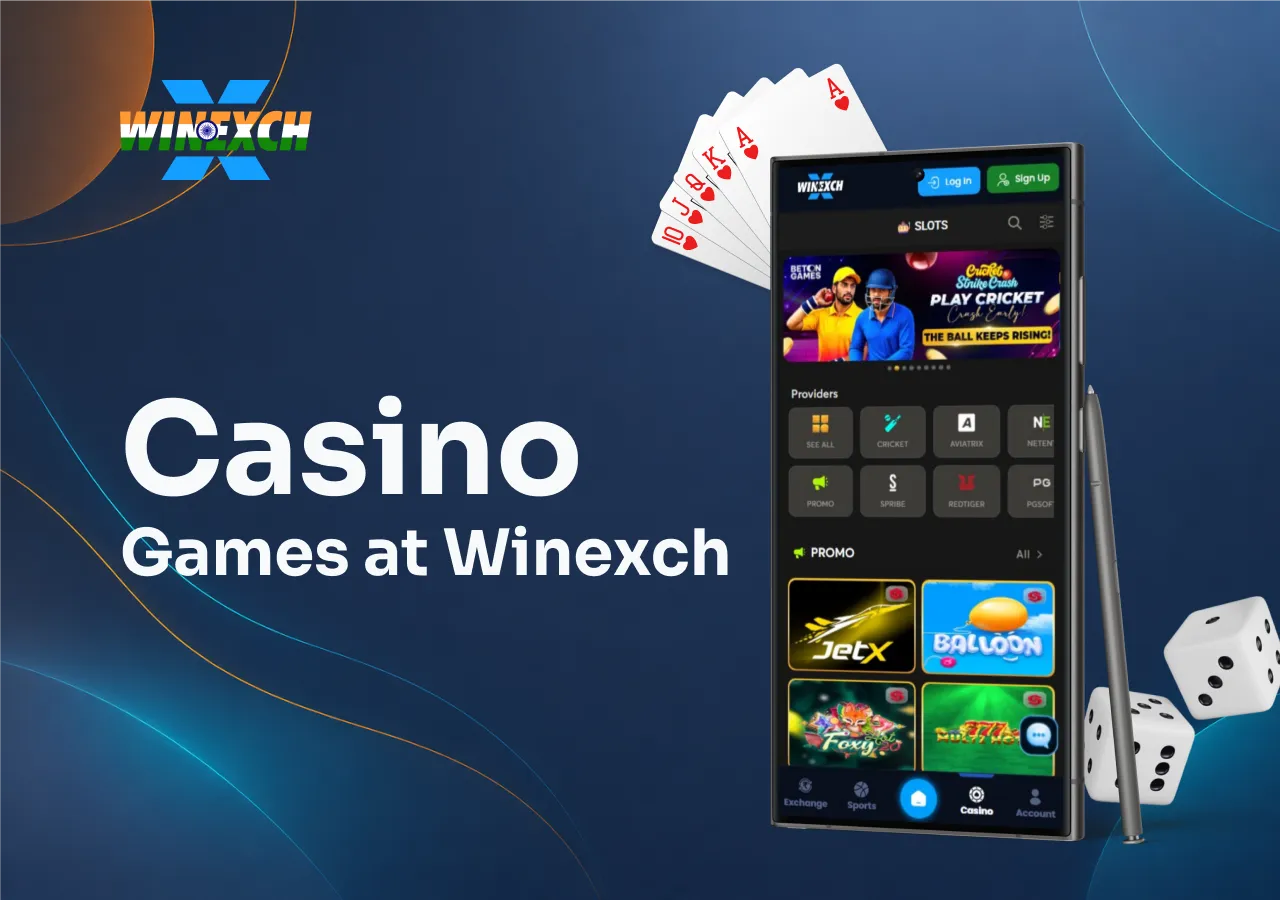 Winexch Laptop showing JetX, Balloon, Spribe, and Red Tiger slots with playing cards and dice.