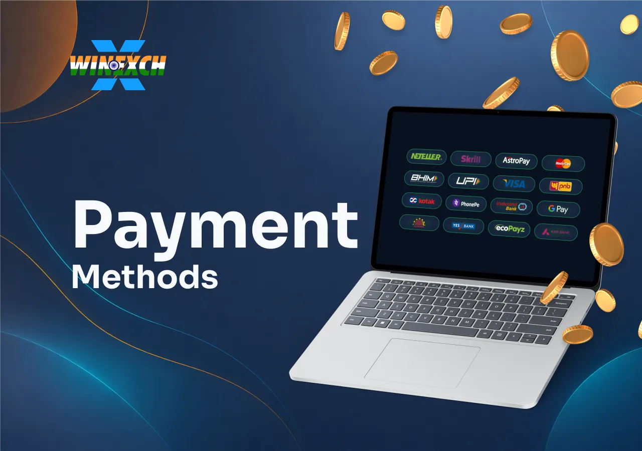 Winexch Laptop displaying payment methods with bank cards, e-wallets, and falling coins.